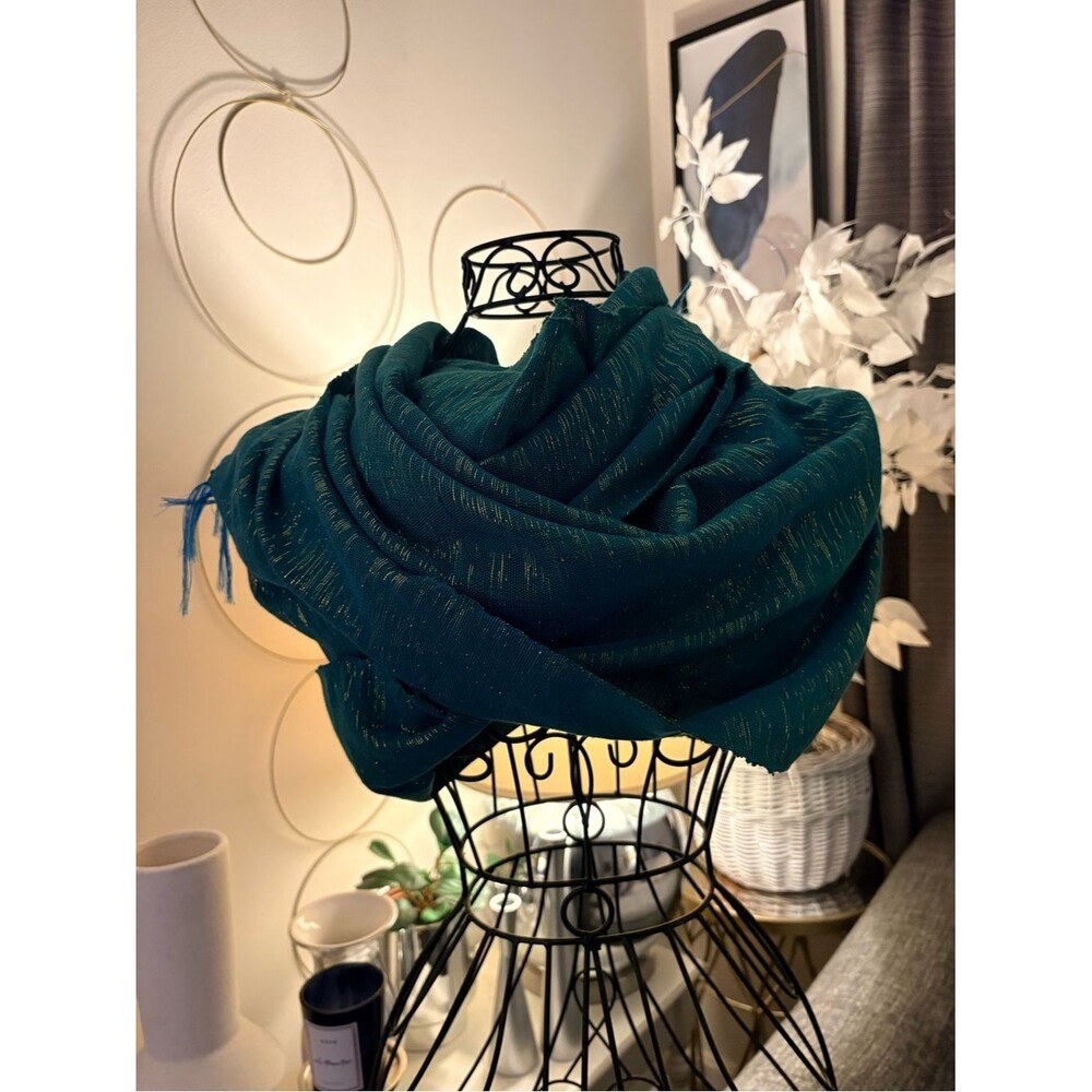 Textured Teal Woven Gold Metallic Thread Blue Fringe Wrap Scarf 21”x 65”
